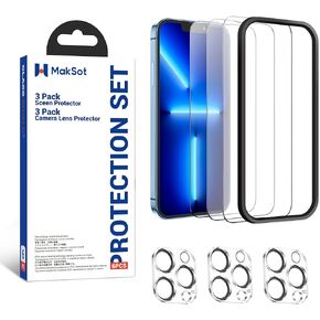 3 Pack Full Screen Protector for iPhone with 3 Pack Camera Lens Protector with Easy Installation Frame (iPhone 13 Mini 5.4 inch)