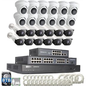 ONWOTE 4K 32 Channel Security Camera System PoE, 24x 6MP Outdoor 122° Business PoE IP Cameras Audio, AI Person Vehicle Detection, 32CH 4K NVR 8TB, 32 Ports Switch, 24 Ethernet Cables-150ft 100ft 60ft