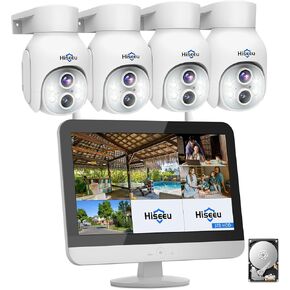 Hiseeu Wireless Security Camera System 2K Dual-Lens [WiFi Pro& Plug-in Power] No Subscription,10X Zoom Security System Outdoor Camera with 12'' Monitor Dvr,3TB,4 Cam-Kit with 350° Pan & Tilt,16CH