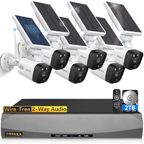(Solar Battery 100% Wire-Free) 2-Way Audio 2-Antennas Enhance PIR Detection Outdoor Surveillance Camera System Solar Powered Battery Cameras System