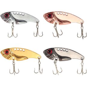 Fishing Lures, Metal Vib Hard Adjustable Action Blade Bait Fishing Spoon Lures with 3D Red Eyes Hook Tackle for Bass Fishing Freshwater Saltwater, 4 Pcs