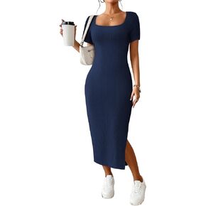 CFLONGE Women's 2024 Summer Bodycon Sundresses Casual Short Sleeve Square Neck Midi Dress Knit Side Slit Long Ribbed Dresses