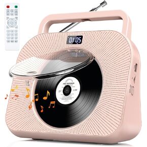 Desktop CD Player for Home with Dual Speakers,Handle, CD Player with FM Radio,Portable CD Player with Bluetooth-Sleep Sound,Remote Control, LCD Display,Support USB/TF Card/AUX/3.5mm Input (Pink)