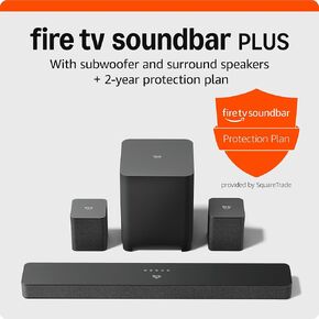 Introducing Amazon Fire TV Soundbar Plus with subwoofer and surround sound speakers with 2-Year Protection Plan