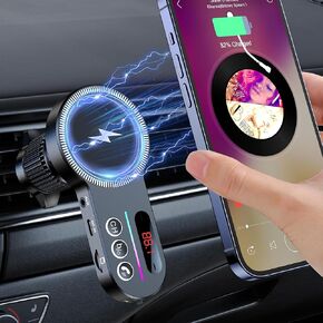 Bluetooth FM Transmitter,【Bluetooth Transmitter+Magsafe+Car Mount】 Bluetooth 5.3 car Adapter Music Player,Phone Stand for Magsafe Charger, Aux Adapter Hands-Free Call Support TF Card (Black)
