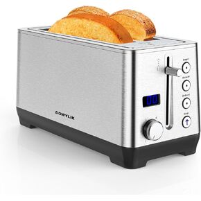 Toaster 4 Slice, Extra-Wide Long Slot 4 Slice Toaster with Countdown Timer, Bagel/Reheat/Defrost/Cancel Functions, 6 Browning Setting, 1500W Brushed Stainless Steel