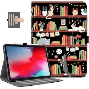iPad Air 11 Inch Case m2 2024, iPad Air 5th Generation/iPad Air 4th Gen 10.9 Inch, iPad Pro 11 Inch Case 4th/3rd/2nd/1st Gen with Pencil Holder/Pocket/Hand Strap/Auto Wake Sleep,Bookshelf Cat