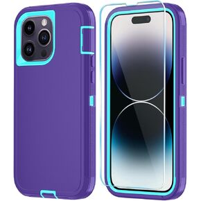 Phone Case for iPhone 14 Pro Max Case with HD Screen Protector, Heavy Duty Shockproof & DustProof & Dropproof 3-Layer Cover Phone Case for iPhone 14 Pro Max (6.7'') (PurpleSkyBlue)