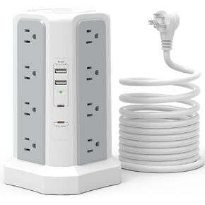Surge Protector Power Strip with PD20W USB C,13A Thicker Extension Cord with Multiple Outlets 6FT Fararaka Tower Power Strip with USB Ports 2A2C,16AC,Office Supplies Dorm Essentials