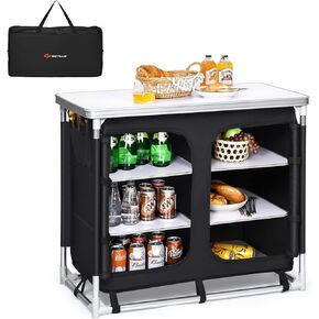 Goplus Camping Table with Storage, Aluminum Portable Camp Kitchen Cabinet Table with Carrying Bag, Lightweight Outdoor Cooking Table for Picnic Tailgating Beach BBQ Party RV (Black)