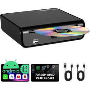 CarPlay CD Player, Android 13 Car Streaming Box with USB A/C Connect Portable CD Player, CarPlay AI Box with Wireless CarPlay & Android Auto, External CD Player for Car (with Wired CarPlay)