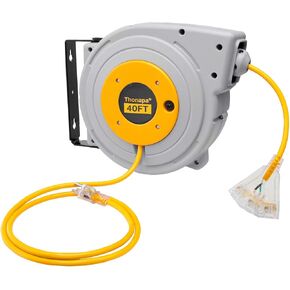 40 ft Retractable Heavy Duty Extension Cord Reel 3 Outlets - 12 Gauge Heavy Duty Yellow Power Cable with Multiple Outlets 15 Amp SJTW - Mountable & Portable Power Cord Reel, UL Certified