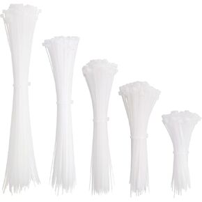 HARFINGTON 500pcs Cable Zip Ties, Plastic Nylon Ties Wraps, Self-Locking Wire Cord Electrical Management Zip-Ties for Home, Office, Workshop, Outdoor Garden, 40LBS, 5 Sizes,White