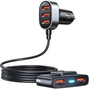 5-in-1 Car USB Charger Multi Port, 12V Car Phone Charger Adapter for Multiple Devices, Car Cigarette Lighter USB Charger with 5FT Extension Cable for Back Seat Charging