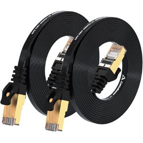 Cat 7 Shielded Ethernet Cable 8ft 2pack (Highest Speed Cable) Cat7 Black Flat Internet Network Cables, for Modem, Router, LAN, Computer - Compatible with Cat 5e, Cat 6 Network