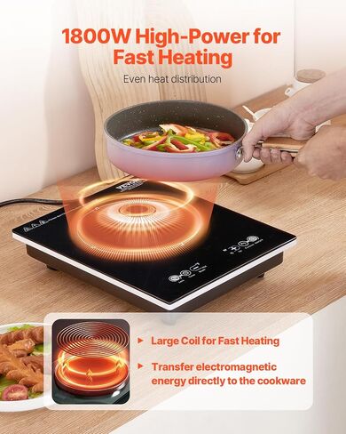 VEVOR Portable Induction Cooktop, 1800W Electric Induction Burner with 9 Temperature Settings, Countertop Induction Hot Plate with 3H Timer, Child Lock, Easy to Clean, for Home Kitchen Cooking in Saudi Arabia