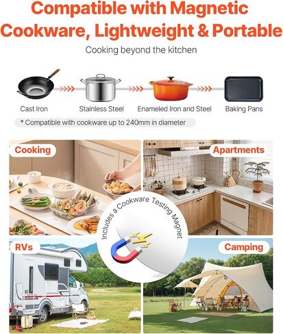 VEVOR Portable Induction Cooktop, 1800W Electric Induction Burner with 9 Temperature Settings, Countertop Induction Hot Plate with 3H Timer, Child Lock, Easy to Clean, for Home Kitchen Cooking in Saudi Arabia