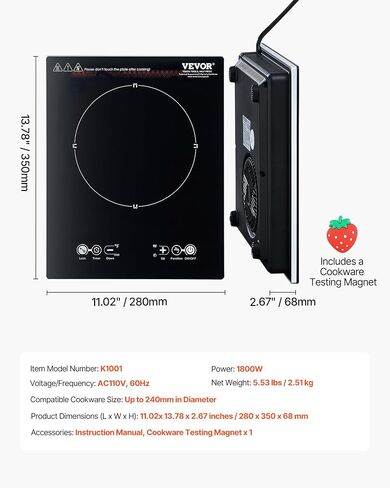 VEVOR Portable Induction Cooktop, 1800W Electric Induction Burner with 9 Temperature Settings, Countertop Induction Hot Plate with 3H Timer, Child Lock, Easy to Clean, for Home Kitchen Cooking in Saudi Arabia
