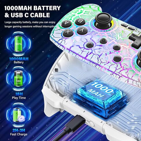 Wireless Switch Controller for Switch/Switch Lite/Switch OLED, Rechargeable Switch Controllers, Programmable 1000mAh Wireless Switch Pro Controller, 10 RGB Light Wired PC Game Joysticks, White in Saudi Arabia