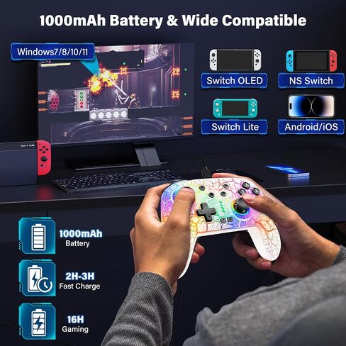 Wireless Switch Controller for Switch/Switch Lite/Switch OLED, Rechargeable Switch Controllers, Programmable 1000mAh Wireless Switch Pro Controller, 10 RGB Light Wired PC Game Joysticks, White in Saudi Arabia