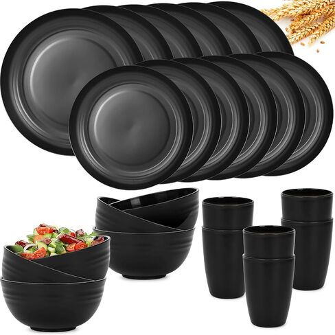 Reusable Plastic Dinnerware Sets for 6, Wheat Straw Microwave Safe Cups Plates and Bowls Set, Unbreakable Kitchen Dish Set for RV Camping Picnic Dorm, 24 Pcs, Black in Saudi Arabia