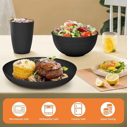 Reusable Plastic Dinnerware Sets for 6, Wheat Straw Microwave Safe Cups Plates and Bowls Set, Unbreakable Kitchen Dish Set for RV Camping Picnic Dorm, 24 Pcs, Black in Saudi Arabia