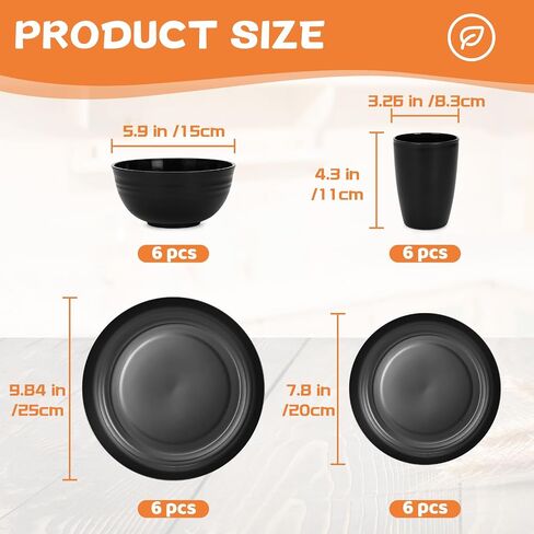 Reusable Plastic Dinnerware Sets for 6, Wheat Straw Microwave Safe Cups Plates and Bowls Set, Unbreakable Kitchen Dish Set for RV Camping Picnic Dorm, 24 Pcs, Black in Saudi Arabia