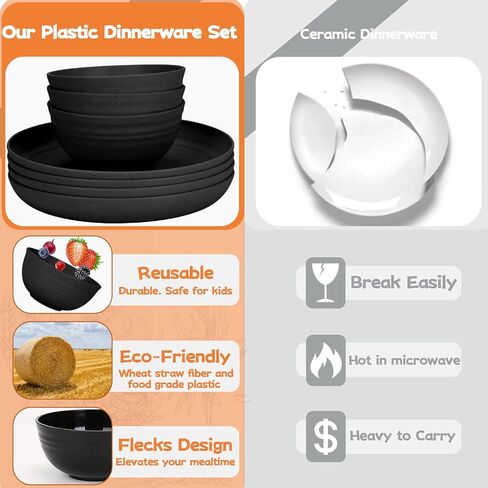 Reusable Plastic Dinnerware Sets for 6, Wheat Straw Microwave Safe Cups Plates and Bowls Set, Unbreakable Kitchen Dish Set for RV Camping Picnic Dorm, 24 Pcs, Black in Saudi Arabia