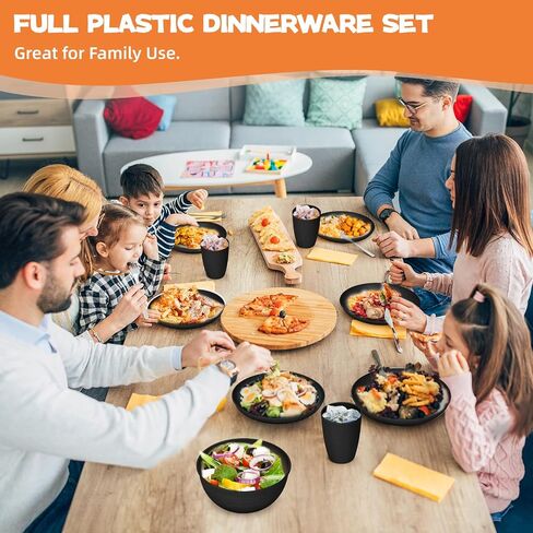 Reusable Plastic Dinnerware Sets for 6, Wheat Straw Microwave Safe Cups Plates and Bowls Set, Unbreakable Kitchen Dish Set for RV Camping Picnic Dorm, 24 Pcs, Black in Saudi Arabia