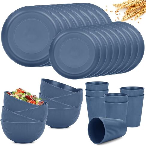 أطقم أواني طعام بلاستيكية قابلة لإعادة الاستخدام مكونة من 6 قطع، مجموعة أطباق وأطباق آمنة للاستخدام في الميكروويف من قش القمح، مجموعة أطباق مطبخ غير قابلة للكسر للسكن في النزهات والتخييم، 24 قطعة، أسود in Kuwait