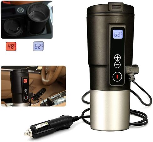 GEEZO Smart Temperature Control Travel Coffee Mug Electric Heated Travel Mug Stainless Steel Tumbler Smart Heating Car Cup Keep Milk Warm LCD Display Easily Washing Safe for use (12V Black 01) in Saudi Arabia