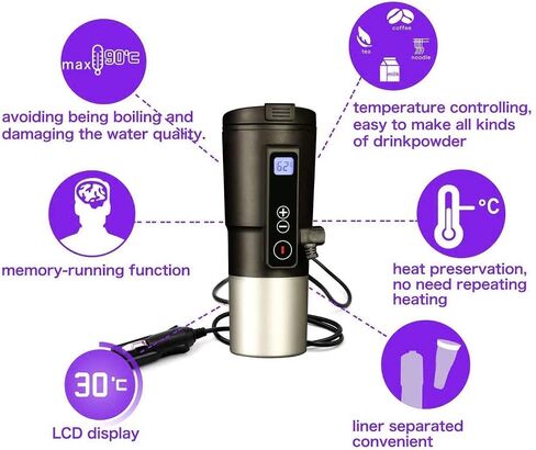 GEEZO Smart Temperature Control Travel Coffee Mug Electric Heated Travel Mug Stainless Steel Tumbler Smart Heating Car Cup Keep Milk Warm LCD Display Easily Washing Safe for use (12V Black 01) in Saudi Arabia