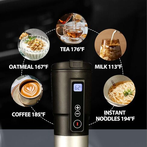 GEEZO Smart Temperature Control Travel Coffee Mug Electric Heated Travel Mug Stainless Steel Tumbler Smart Heating Car Cup Keep Milk Warm LCD Display Easily Washing Safe for use (12V Black 01) in Saudi Arabia