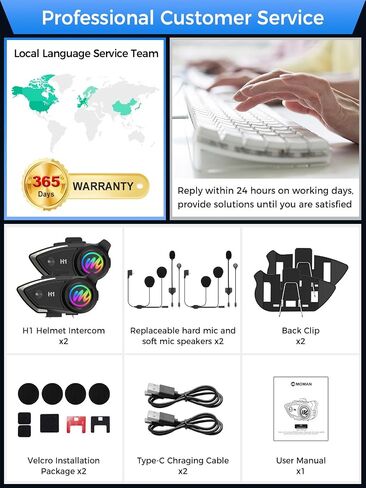 Moman Motorcycle Intercom Headset, H1 2 Pack Communication System Wireless 5.0 AI Voice Assistant IP67 Waterproof Automatic Answer Noise Cancellation, Motorbike-Helmet-Wireless-Intercom-Headset in Kuwait