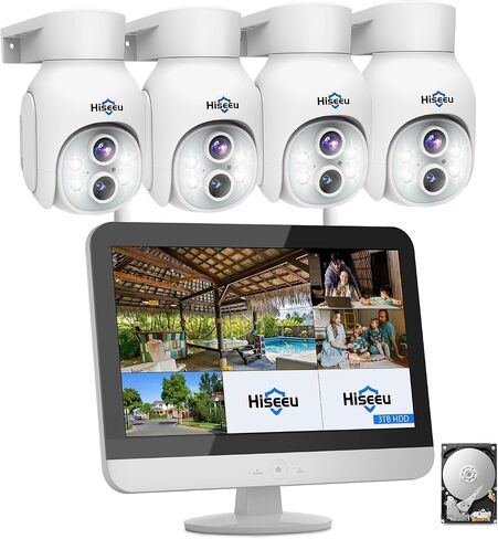 Hiseeu نظام كاميرا أمان لاسلكي 2K بعدسة مزدوجة [WiFi Pro & Plug-in Power] بدون اشتراك، نظام أمان تكبير 10X كاميرا خارجية مع شاشة Dvr مقاس 12 بوصة، 3 تيرابايت، 4 مجموعة كاميرات مع مقلاة 350 درجة وإمالة، 16 قناة in Saudi Arabia