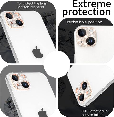 واقي عدسة الكاميرا باللون الذهبي الوردي متوافق مع iPhone 15 / iPhone 15 Plus، غطاء معدني من خليط معدني من الكريستال اللامع لهاتف iPhone 15 وiPhone 15 Plus in Kuwait