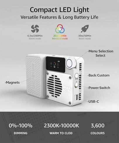 amaran Ace 25c Kit RGB Pocket LED Light,Boost Mode to 32W Mini On Camera Video Light,2300K~10000K Support Magnetic Attraction and App Control with Carrying Case,Mini Tripod,Grid (White) in Kuwait