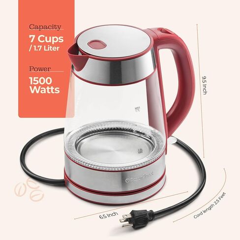 Speed-Boil Water Electric Kettle, 1.7L 1500W, Coffee & Tea Kettle Borosilicate Glass, Wide Opening, Auto Shut-Off, Cool Touch Handle, LED Light. 360° Rotation, Boil Dry Protection in Saudi Arabia