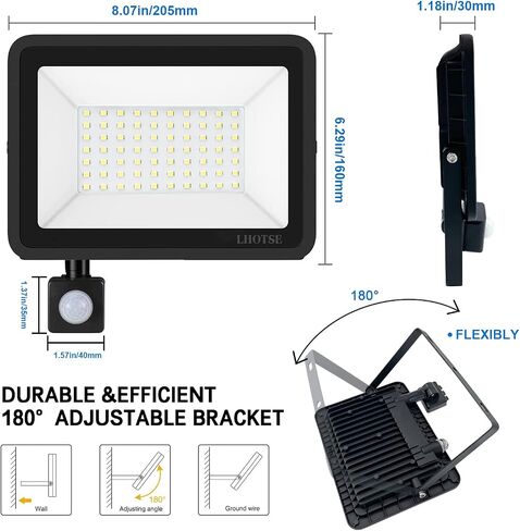 LHOTSE 2 Pack 50W LED Flood Light Outdoor,7000 lumens LED Work Light with Motion Sensor and Plug,IP65 Waterproof Outdoor Floodlights,6500K Daylight White Super Bright Security Light for Garden Patio in Saudi Arabia
