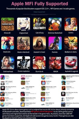 وحدة تحكم الألعاب اللاسلكية arVin لأجهزة iPhone iOS Android PC، عصا تحكم Bluetooth Gamepad لأجهزة iPhone 15/14/13/12/iPad/MacBook/Samsung Galaxy S22/S21/S20 Ultra/الكمبيوتر اللوحي/Call of Duty Mobile/Genshin Impact in Kuwait