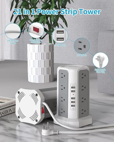 Surge Protector Power Strip with PD20W USB C,13A Thicker Extension Cord with Multiple Outlets 6FT Fararaka Tower Power Strip with USB Ports 2A2C,16AC,Office Supplies Dorm Essentials in Saudi Arabia