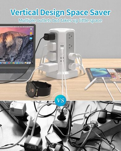 Surge Protector Power Strip with PD20W USB C,13A Thicker Extension Cord with Multiple Outlets 6FT Fararaka Tower Power Strip with USB Ports 2A2C,16AC,Office Supplies Dorm Essentials in Saudi Arabia