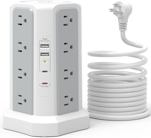 Surge Protector Power Strip with PD20W USB C,13A Thicker Extension Cord with Multiple Outlets 6FT Fararaka Tower Power Strip with USB Ports 2A2C,16AC,Office Supplies Dorm Essentials in Saudi Arabia