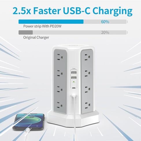 Surge Protector Power Strip with PD20W USB C,13A Thicker Extension Cord with Multiple Outlets 6FT Fararaka Tower Power Strip with USB Ports 2A2C,16AC,Office Supplies Dorm Essentials in Saudi Arabia