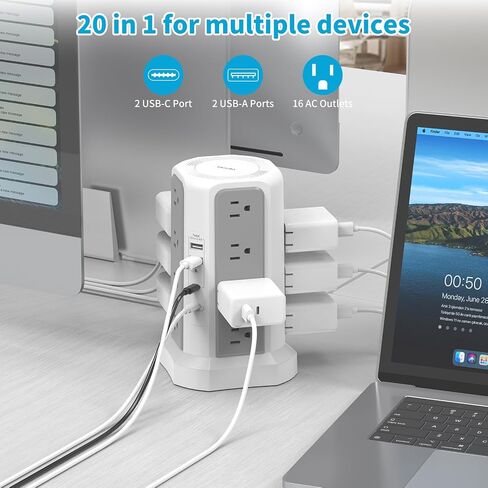 Surge Protector Power Strip with PD20W USB C,13A Thicker Extension Cord with Multiple Outlets 6FT Fararaka Tower Power Strip with USB Ports 2A2C,16AC,Office Supplies Dorm Essentials in Saudi Arabia
