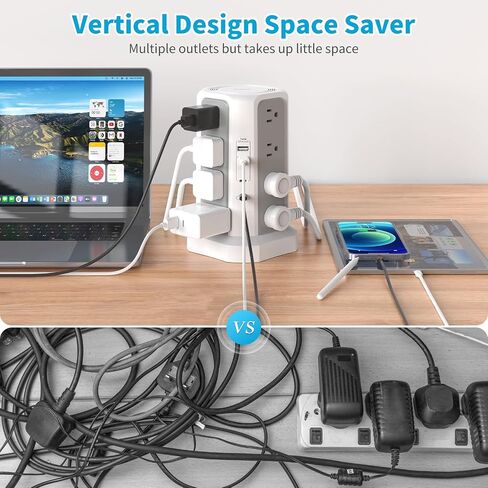Surge Protector Power Strip with PD20W USB C,13A Thicker Extension Cord with Multiple Outlets 6FT Fararaka Tower Power Strip with USB Ports 2A2C,16AC,Office Supplies Dorm Essentials in Saudi Arabia