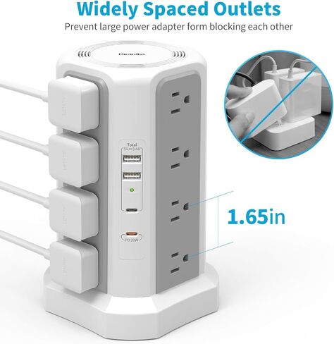 Surge Protector Power Strip with PD20W USB C,13A Thicker Extension Cord with Multiple Outlets 6FT Fararaka Tower Power Strip with USB Ports 2A2C,16AC,Office Supplies Dorm Essentials in Saudi Arabia