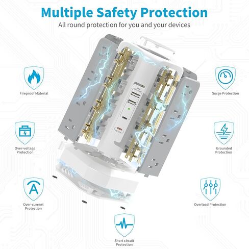 Surge Protector Power Strip with PD20W USB C,13A Thicker Extension Cord with Multiple Outlets 6FT Fararaka Tower Power Strip with USB Ports 2A2C,16AC,Office Supplies Dorm Essentials in Saudi Arabia