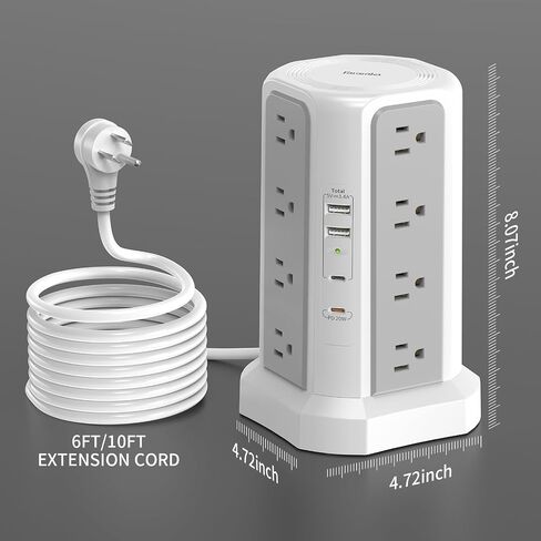 Surge Protector Power Strip with PD20W USB C,13A Thicker Extension Cord with Multiple Outlets 6FT Fararaka Tower Power Strip with USB Ports 2A2C,16AC,Office Supplies Dorm Essentials in Saudi Arabia