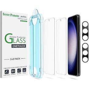 amFilm Auto-Alignment OneTouch for Samsung Galaxy S23 6.1" Screen Protector + Camera Lens Protector, Tempered Glass, 30 Seconds Installation, Bubble Free, Case Friendly, Anti-Scratch [2+2 Pack]